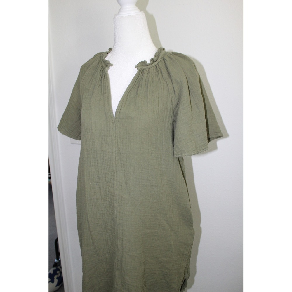 Old Navy Womens XS Olive Green Cotton Gauze Ruffle Neck Pockets Shift Mini Dress - Picture 2 of 9